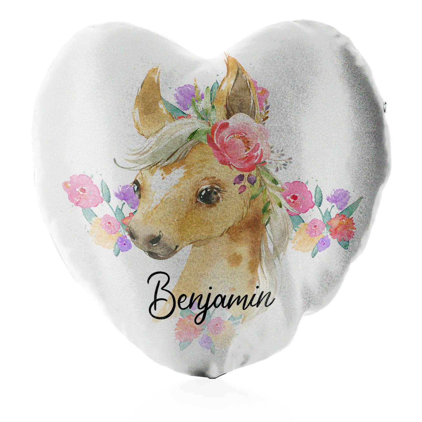 Personalised Glitter Heart Cushion with Palomino Horse Multicolour Flower Print and Cute Text