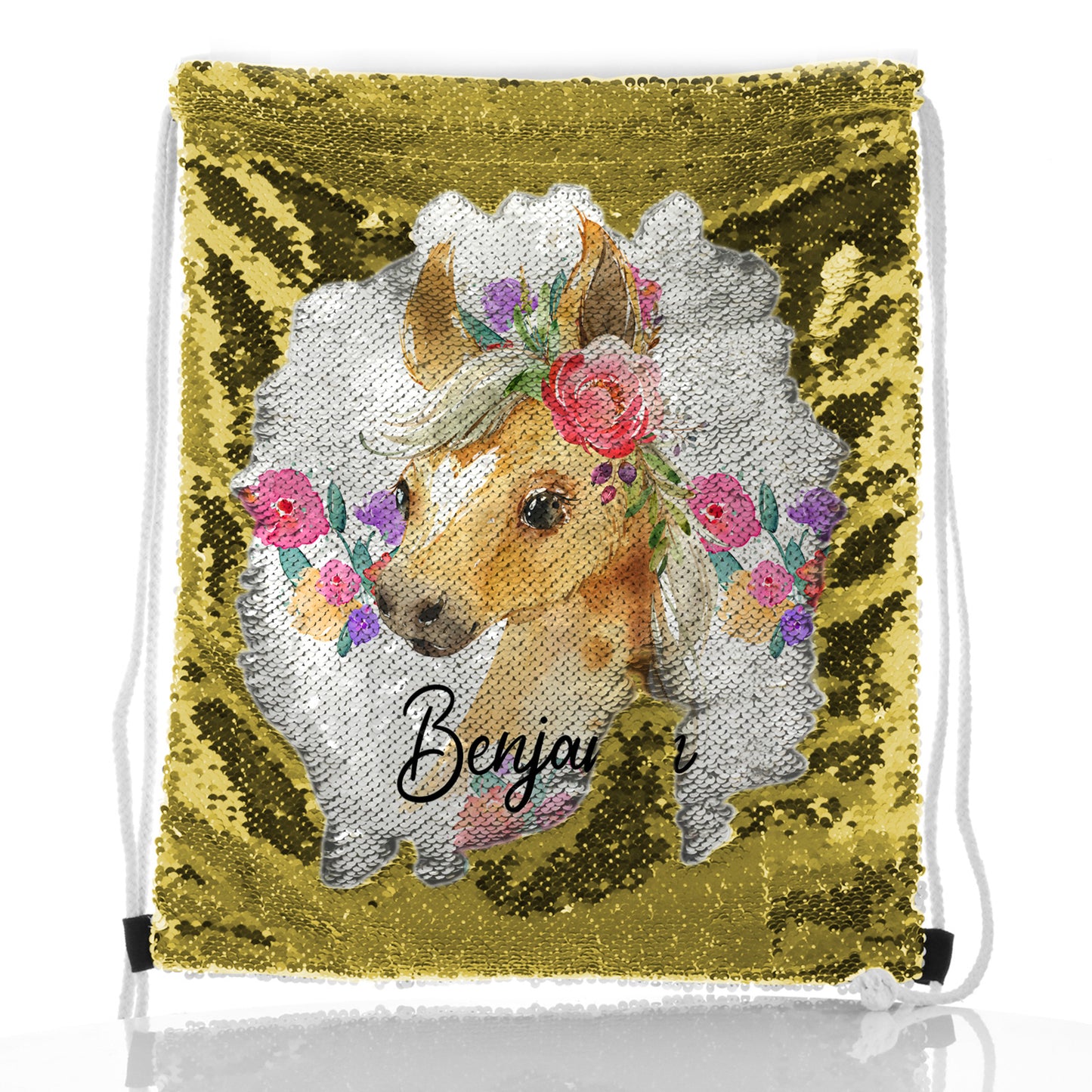 Personalised Sequin Drawstring Backpack with Palomino Horse Multicolour Flower Print and Cute Text