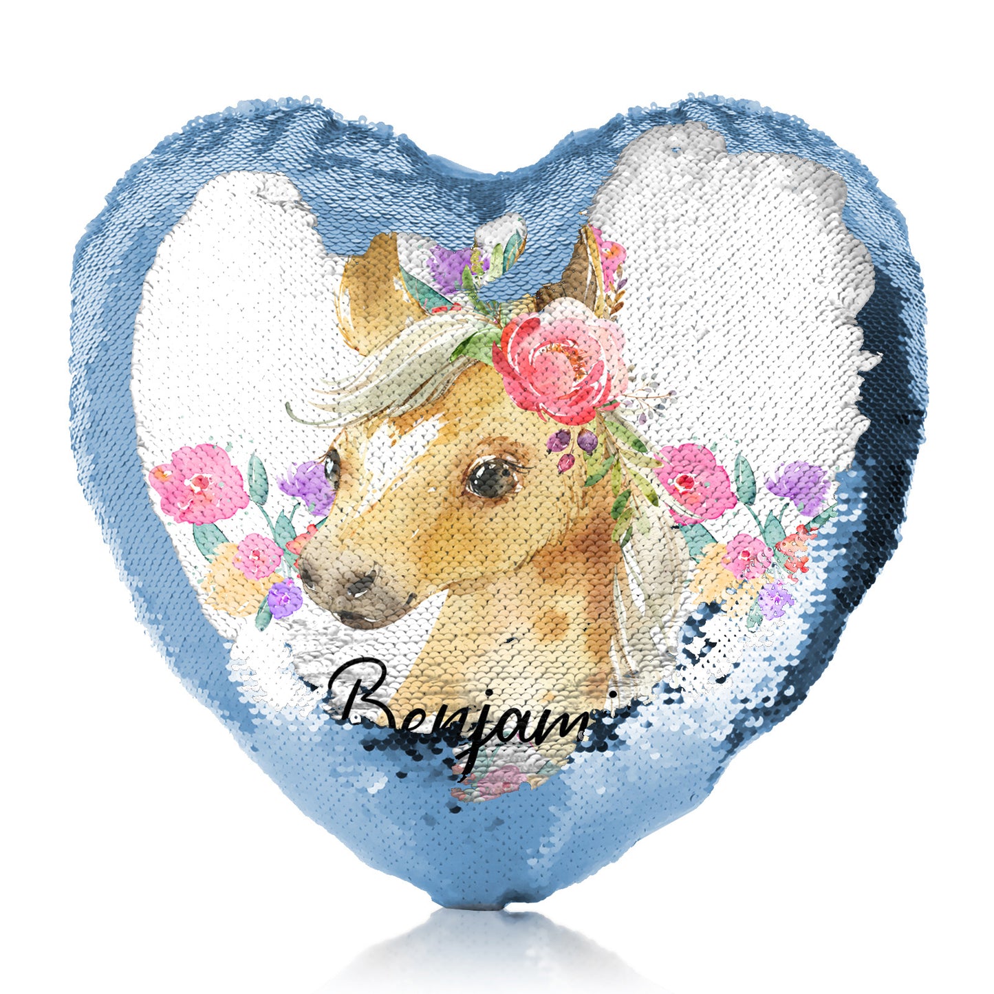 Personalised Sequin Heart Cushion with Palomino Horse Multicolour Flower Print and Cute Text