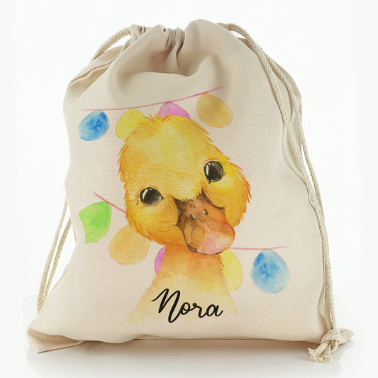 Personalised Canvas Sack with Yellow Duck Multicolour Buntin and Cute Text