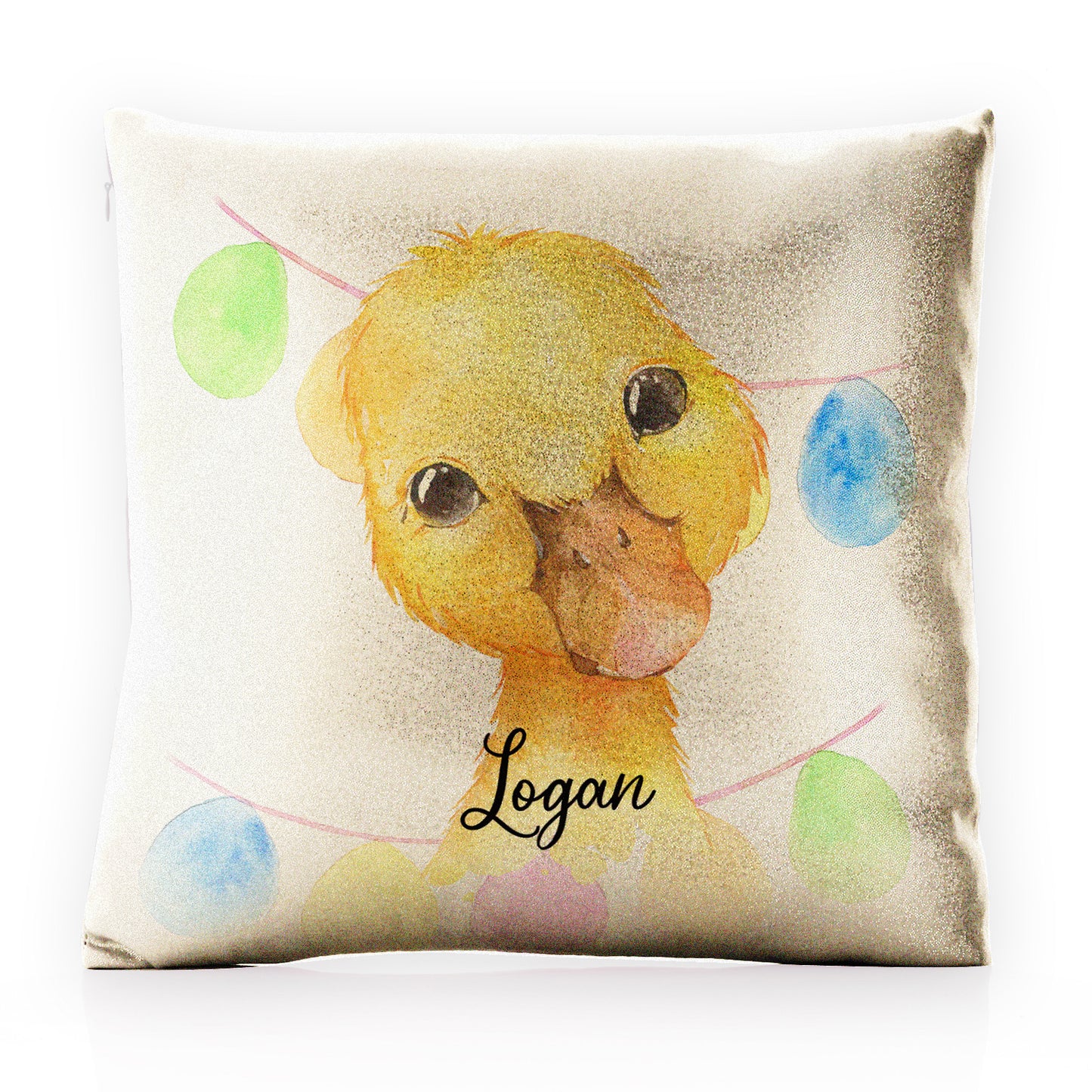 Personalised Glitter Cushion with Yellow Duck Multicolour Buntin and Cute Text