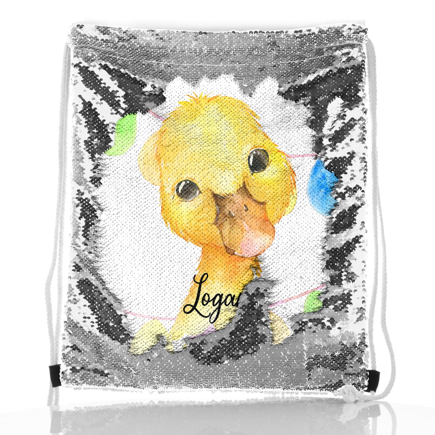 Personalised Sequin Drawstring Backpack with Yellow Duck Multicolour Buntin and Cute Text