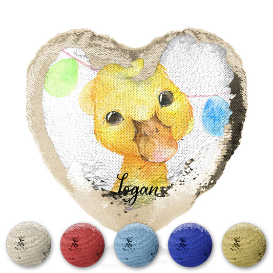 Personalised Sequin Heart Cushion with Yellow Duck Multicolour Buntin and Cute Text