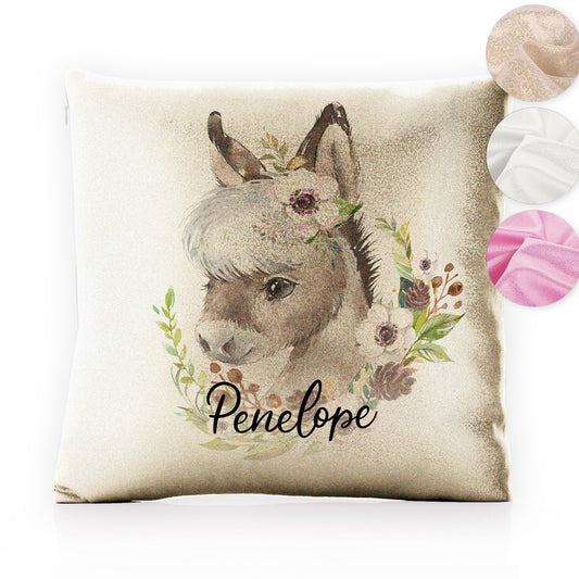 Personalised Glitter Cushion with Grey Donkey Pink and White Flowers and Cute Text