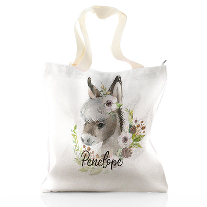 Personalised Glitter Tote Bag with Grey Donkey Pink and White Flowers and Cute Text