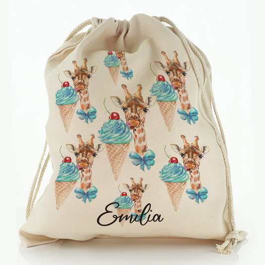 Personalised Canvas Sack with Giraffe Blue Ice creams and Cute Text