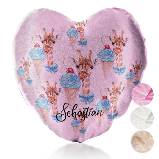 Personalised Glitter Heart Cushion with Giraffe Blue Ice creams and Cute Text