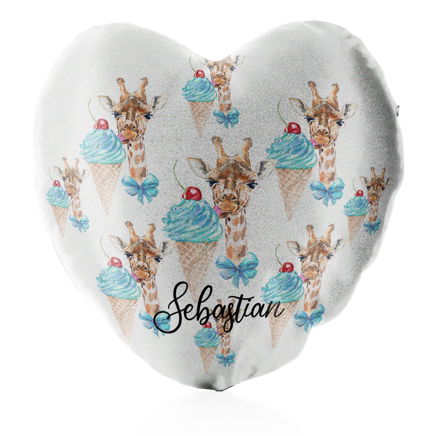 Personalised Glitter Heart Cushion with Giraffe Blue Ice creams and Cute Text