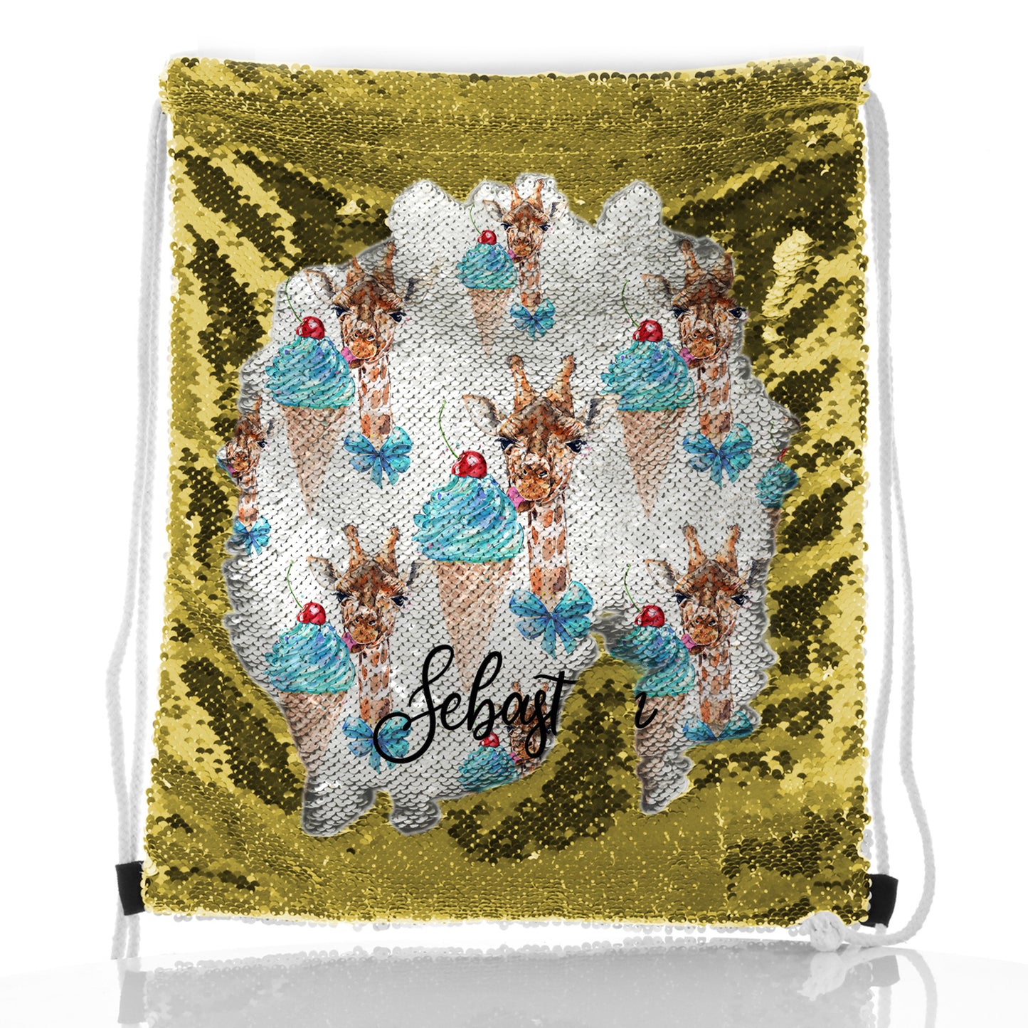 Personalised Sequin Drawstring Backpack with Giraffe Blue Ice creams and Cute Text