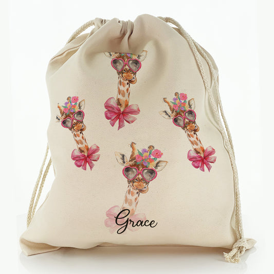 Personalised Canvas Sack with Giraffe Pink Bow Multicolour Flowers and Cute Text
