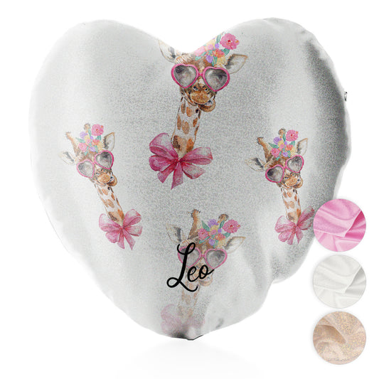Personalised Glitter Heart Cushion with Giraffe Pink Bow Multicolour Flowers and Cute Text