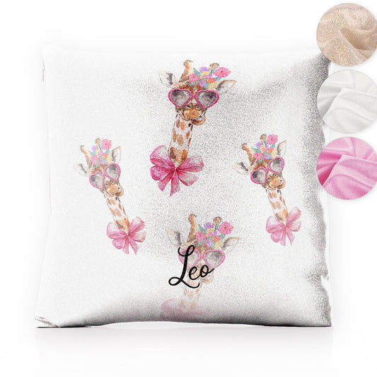 Personalised Glitter Cushion with Giraffe Pink Bow Multicolour Flowers and Cute Text