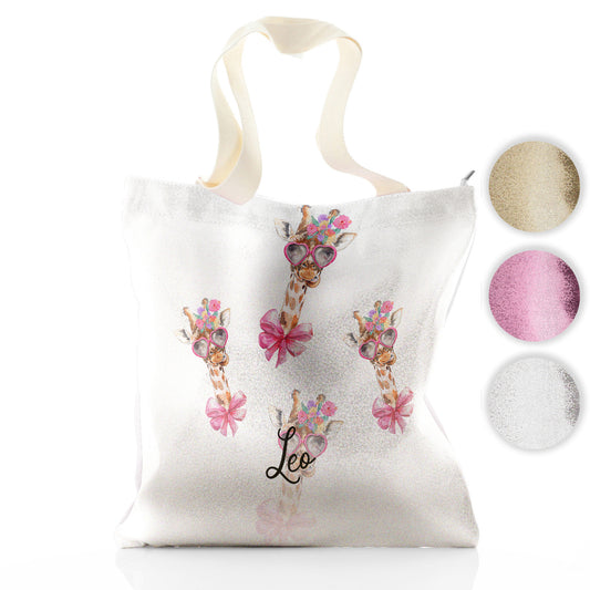 Personalised Glitter Tote Bag with Giraffe Pink Bow Multicolour Flowers and Cute Text