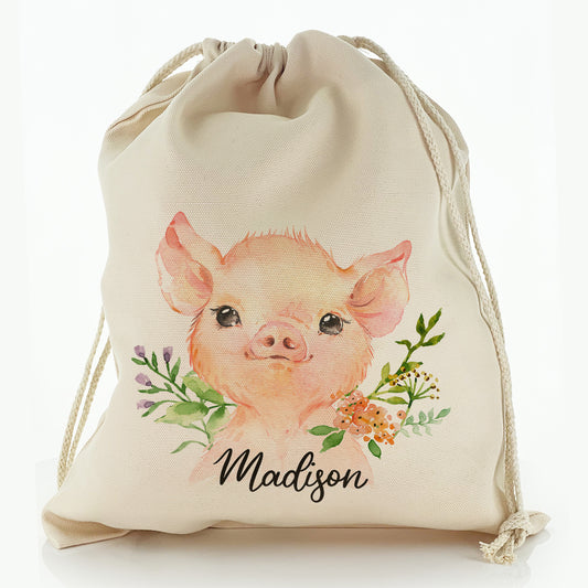 Personalised Canvas Sack with Pink Pig Flowers and Cute Text