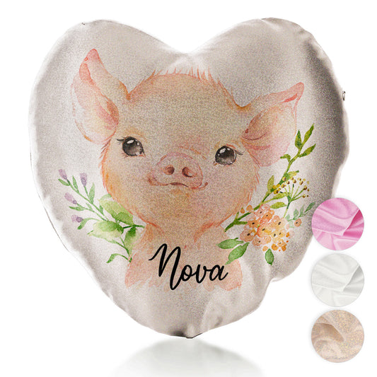 Personalised Glitter Heart Cushion with Pink Pig Flowers and Cute Text