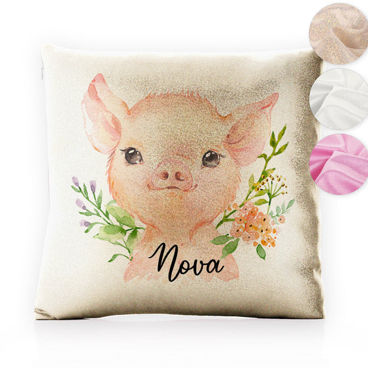 Personalised Glitter Cushion with Pink Pig Flowers and Cute Text