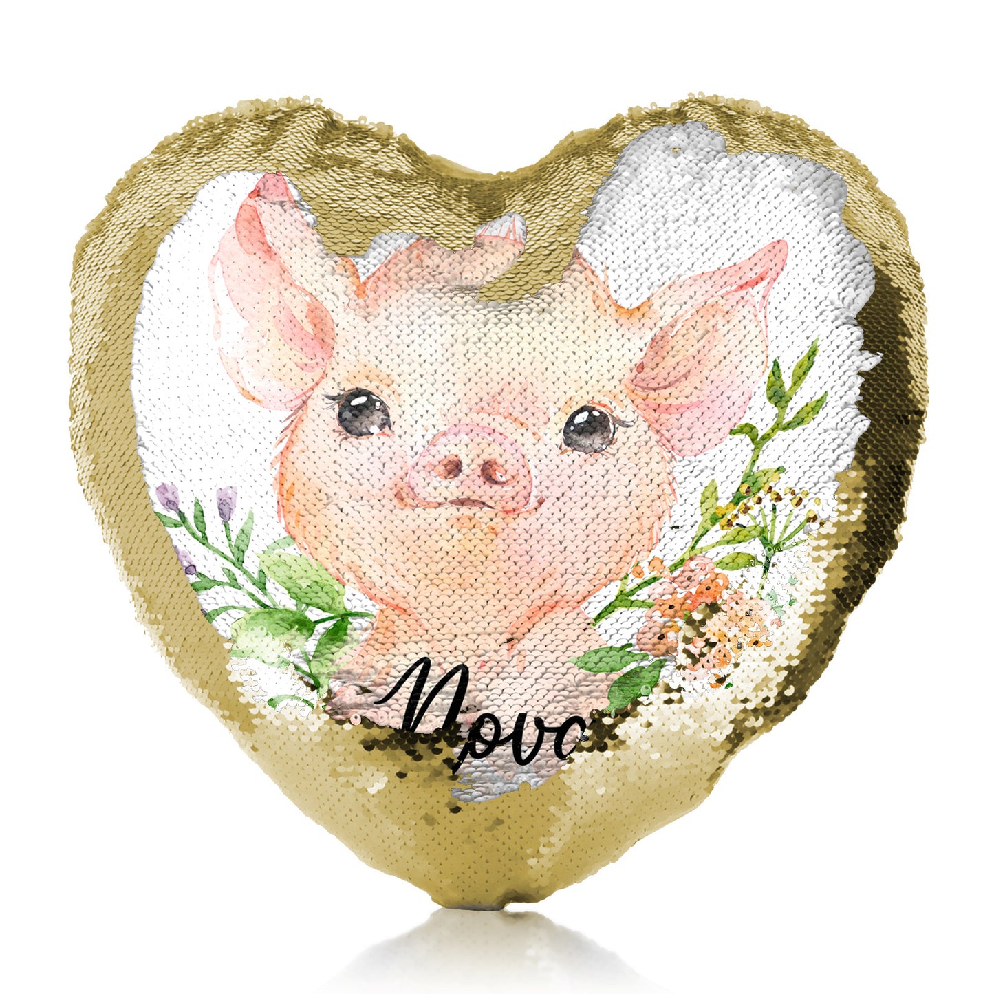 Personalised Sequin Heart Cushion with Pink Pig Flowers and Cute Text