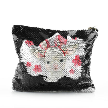 Personalised Sequin Zip Bag with White Lamb Pink Bunny Ears and Flowers and Cute Text