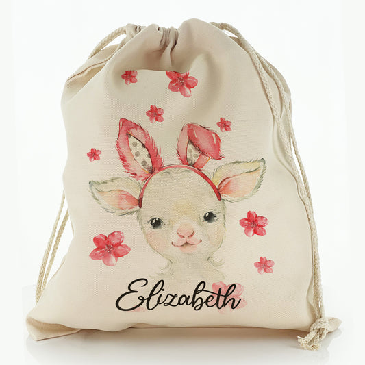 Personalised Canvas Sack with White Lamb Pink Bunny Ears and Flowers and Cute Text