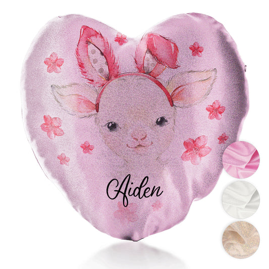 Personalised Glitter Heart Cushion with White Lamb Pink Bunny Ears and Flowers and Cute Text