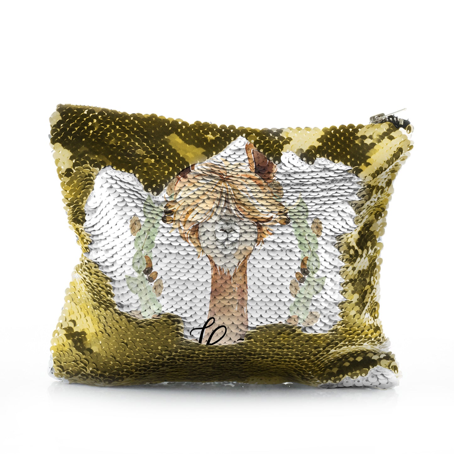 Personalised Sequin Zip Bag with Brown Alpaca Acorn Wreath and Cute Text