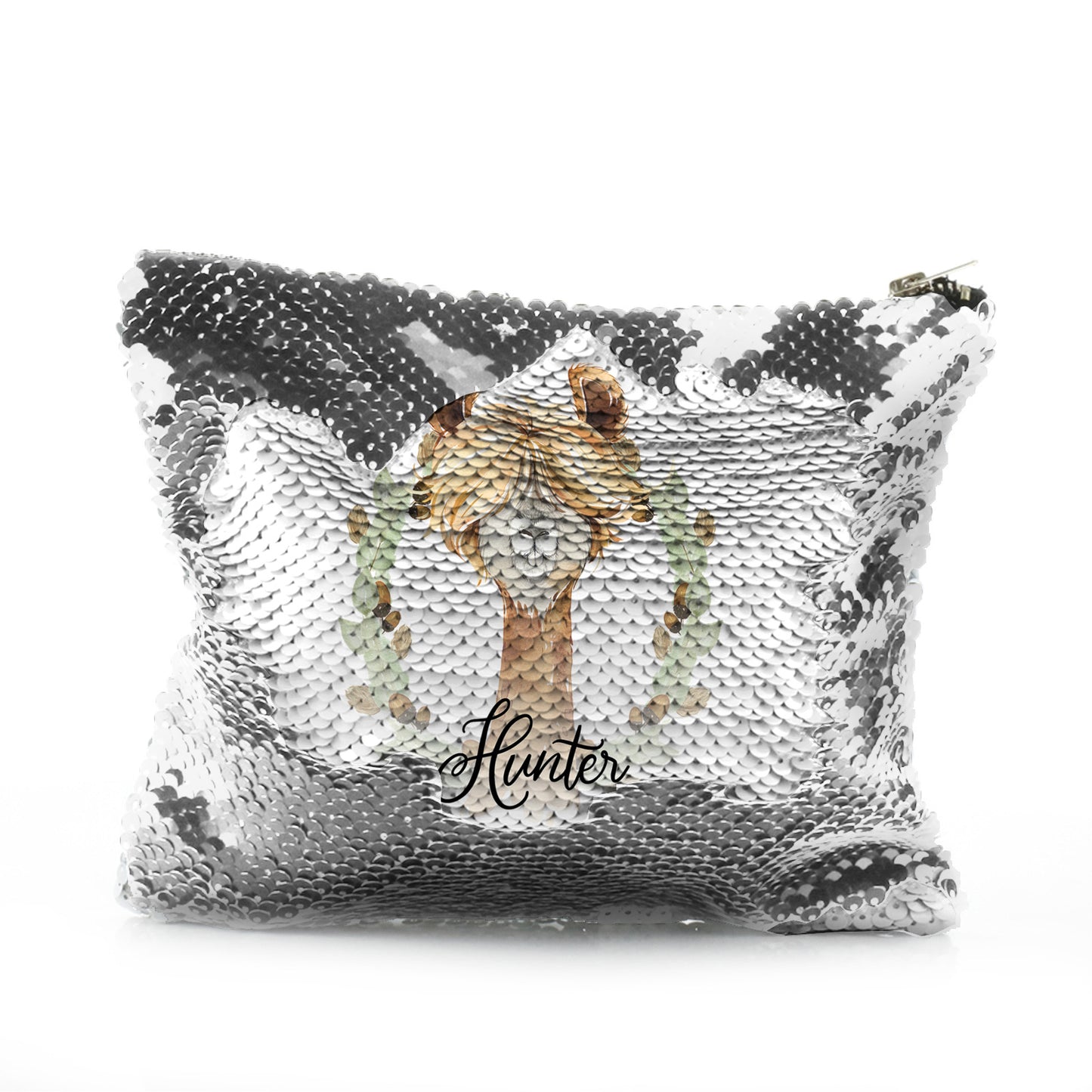 Personalised Sequin Zip Bag with Brown Alpaca Acorn Wreath and Cute Text