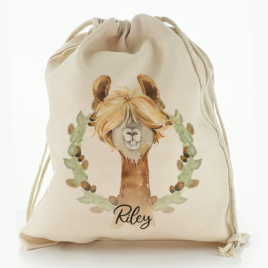Personalised Canvas Sack with Brown Alpaca Acorn Wreath and Cute Text