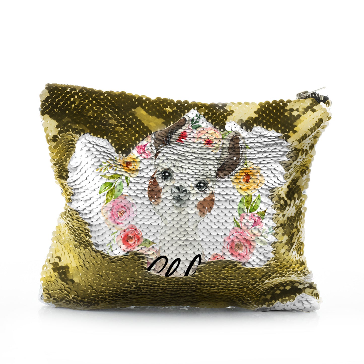 Personalised Sequin Zip Bag with Brown and White Alpaca Multicolour Flower Wreath and Cute Text