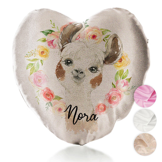Personalised Glitter Heart Cushion with Brown and White Alpaca Multicolour Flower Wreath and Cute Text