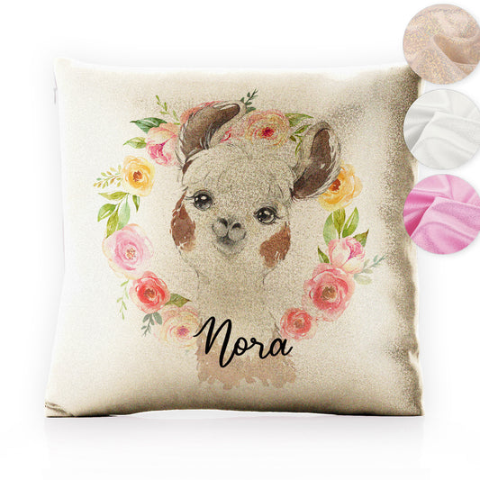 Personalised Glitter Cushion with Brown and White Alpaca Multicolour Flower Wreath and Cute Text
