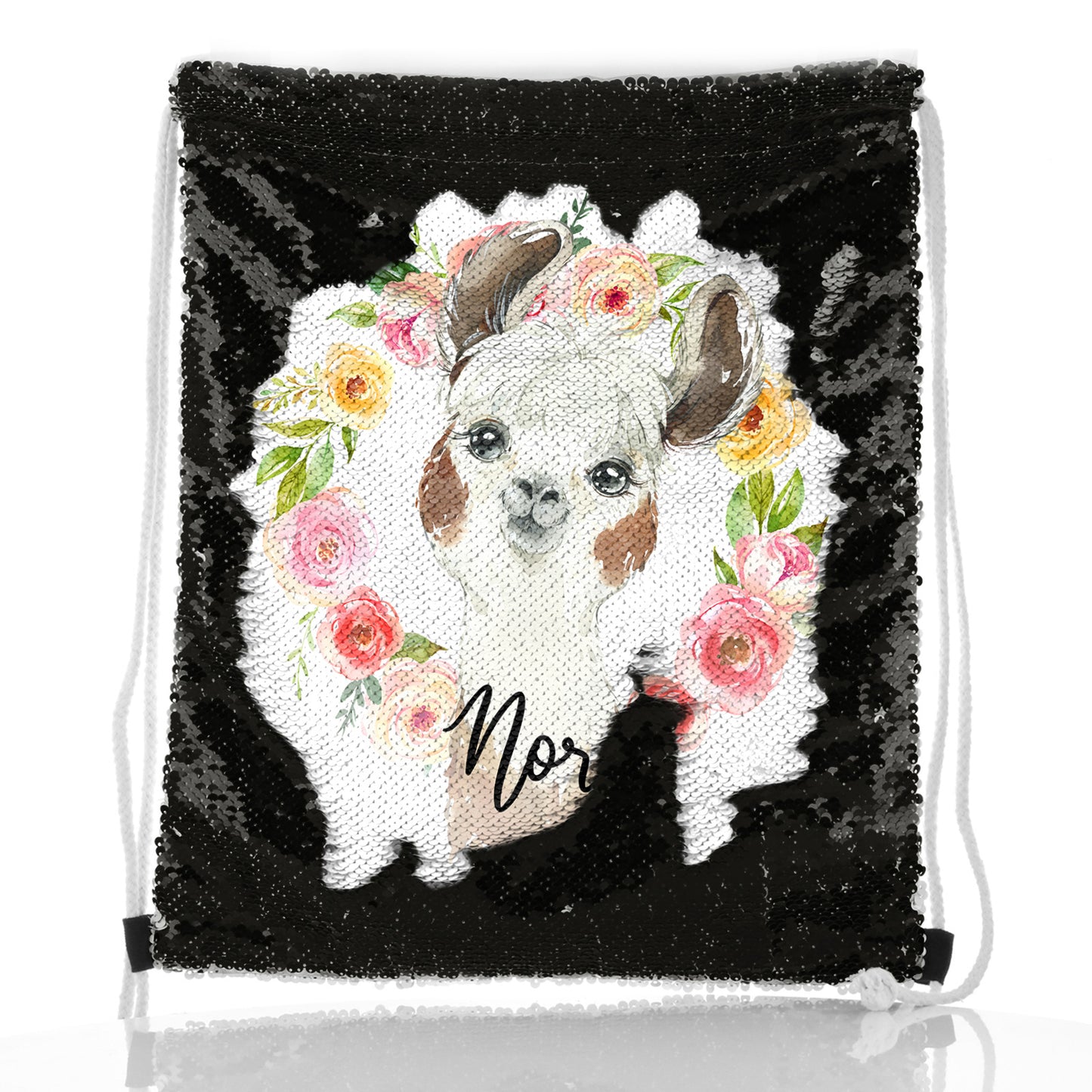 Personalised Sequin Drawstring Backpack with Brown and White Alpaca Multicolour Flower Wreath and Cute Text