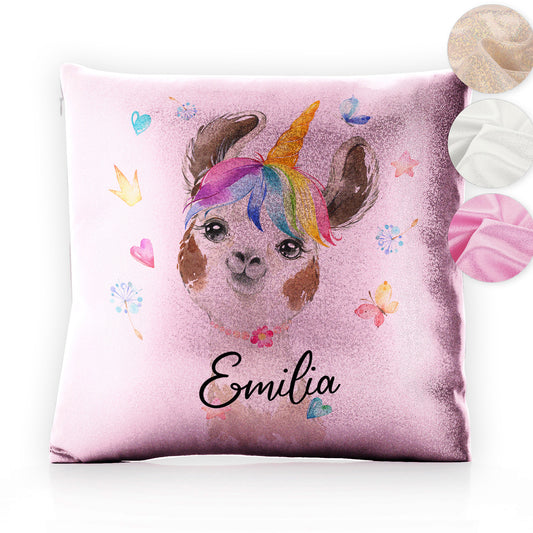 Personalised Glitter Cushion with Alpaca Unicorn with Rainbow Hair Hearts Stars and Cute Text