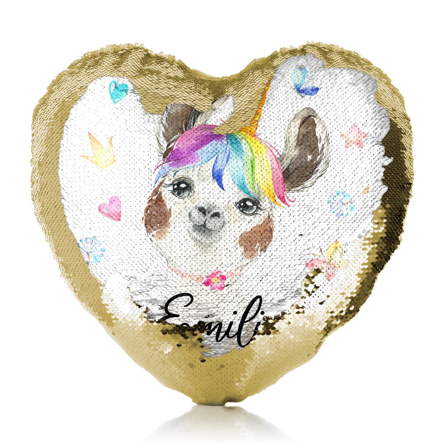 Personalised Sequin Heart Cushion with Alpaca Unicorn with Rainbow Hair Hearts Stars and Cute Text