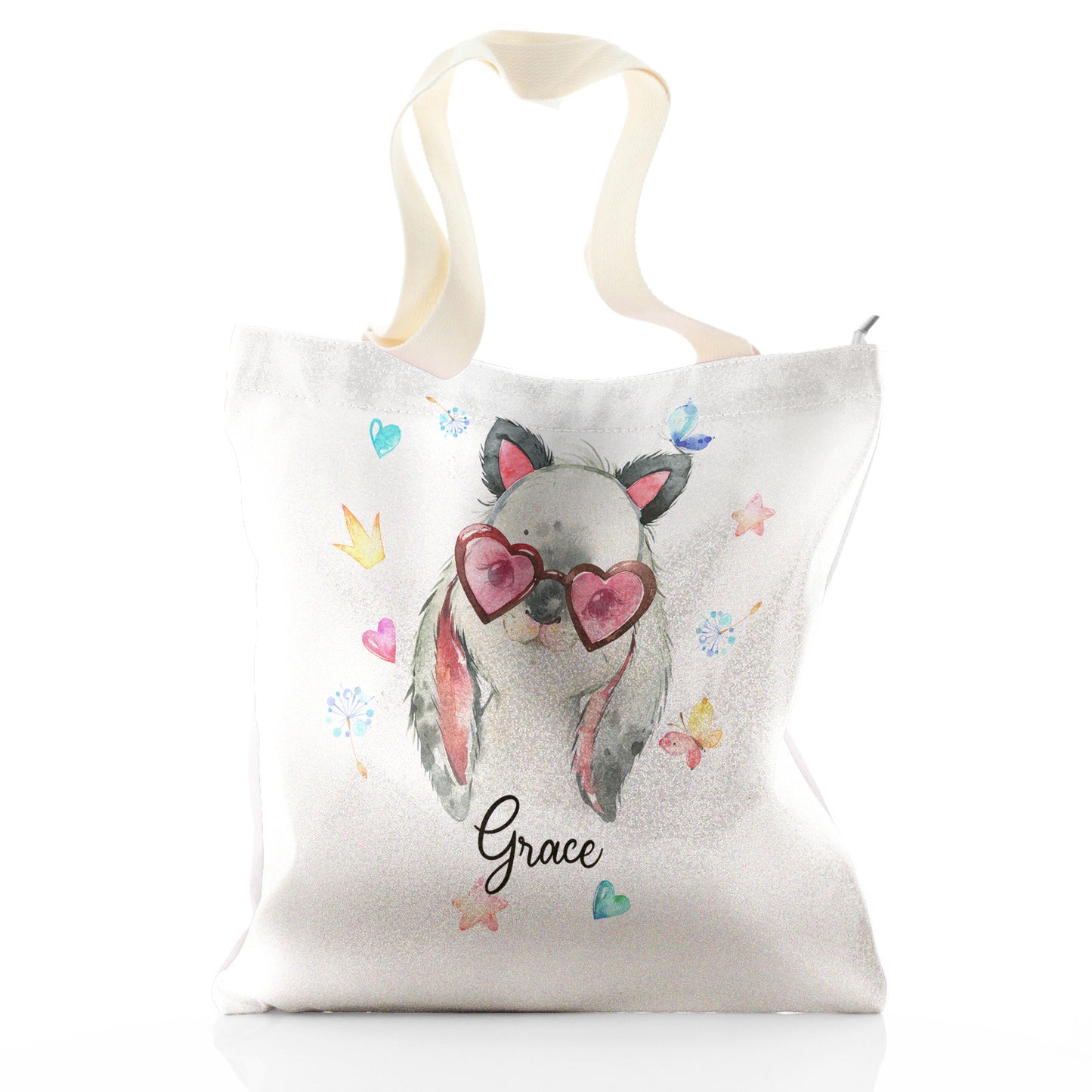 Personalised Glitter Tote Bag with Grey Rabbit with Cat ears and Pink Heart Glasses and Cute Text