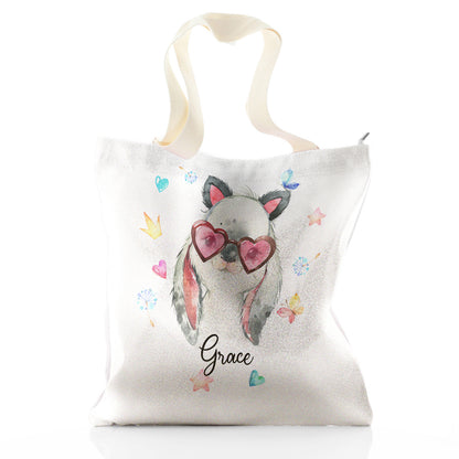 Personalised Glitter Tote Bag with Grey Rabbit with Cat ears and Pink Heart Glasses and Cute Text