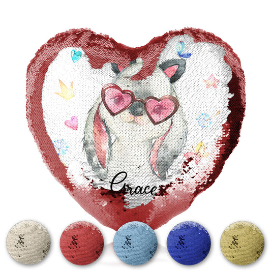 Personalised Sequin Heart Cushion with Grey Rabbit with Cat ears and Pink Heart Glasses and Cute Text