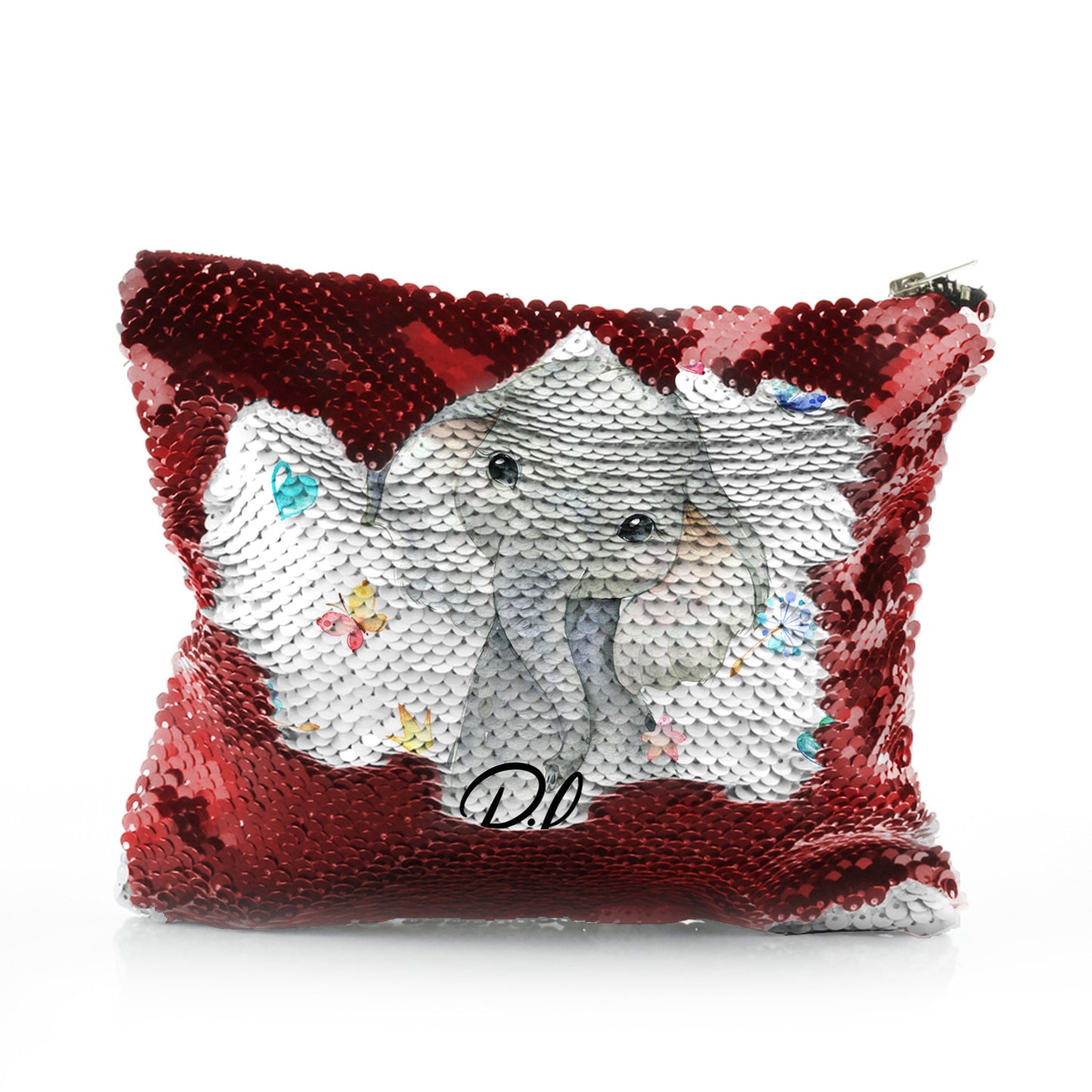 Personalised Sequin Zip Bag with Grey Elephant with Hearts Stars Crowns Butterfly and Cute Text