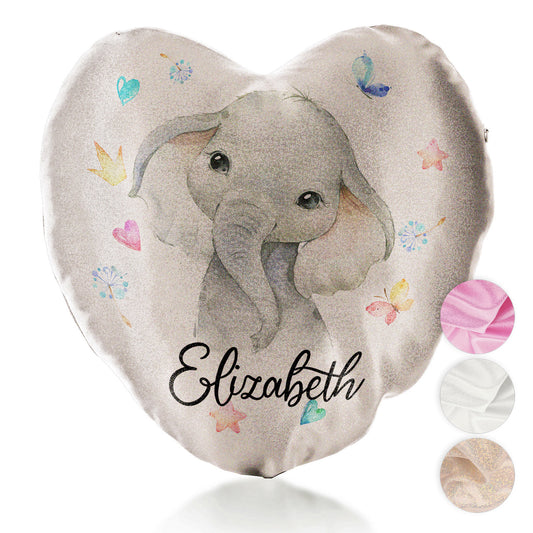 Personalised Glitter Heart Cushion with Grey Elephant with Hearts Stars Crowns Butterfly and Cute Text