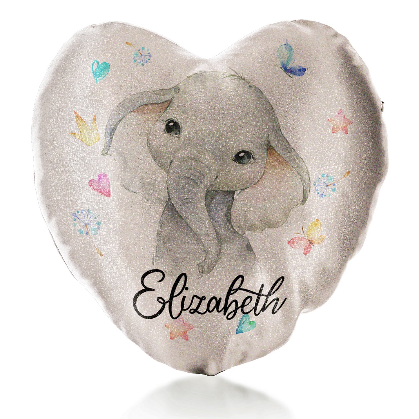 Personalised Glitter Heart Cushion with Grey Elephant with Hearts Stars Crowns Butterfly and Cute Text