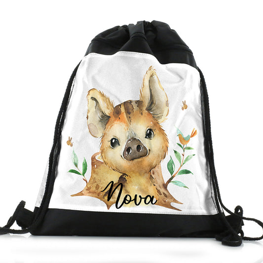 Personalised Piglet Bird and Bees and Name Black Drawstring Backpack