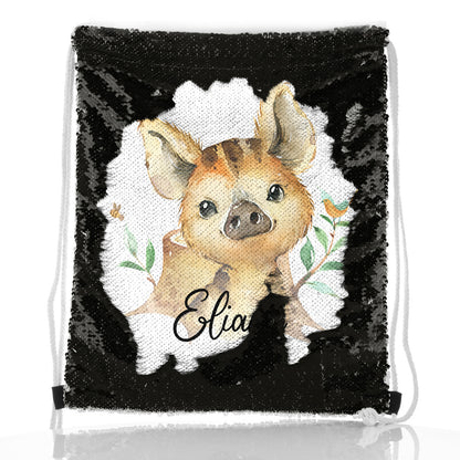 Personalised Sequin Drawstring Backpack with Wild Boar Piglet with Bird and Bees and Cute Text