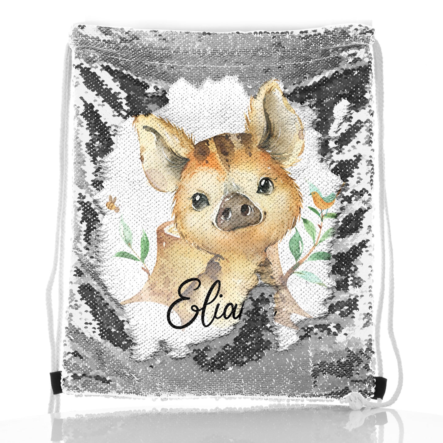 Personalised Sequin Drawstring Backpack with Wild Boar Piglet with Bird and Bees and Cute Text
