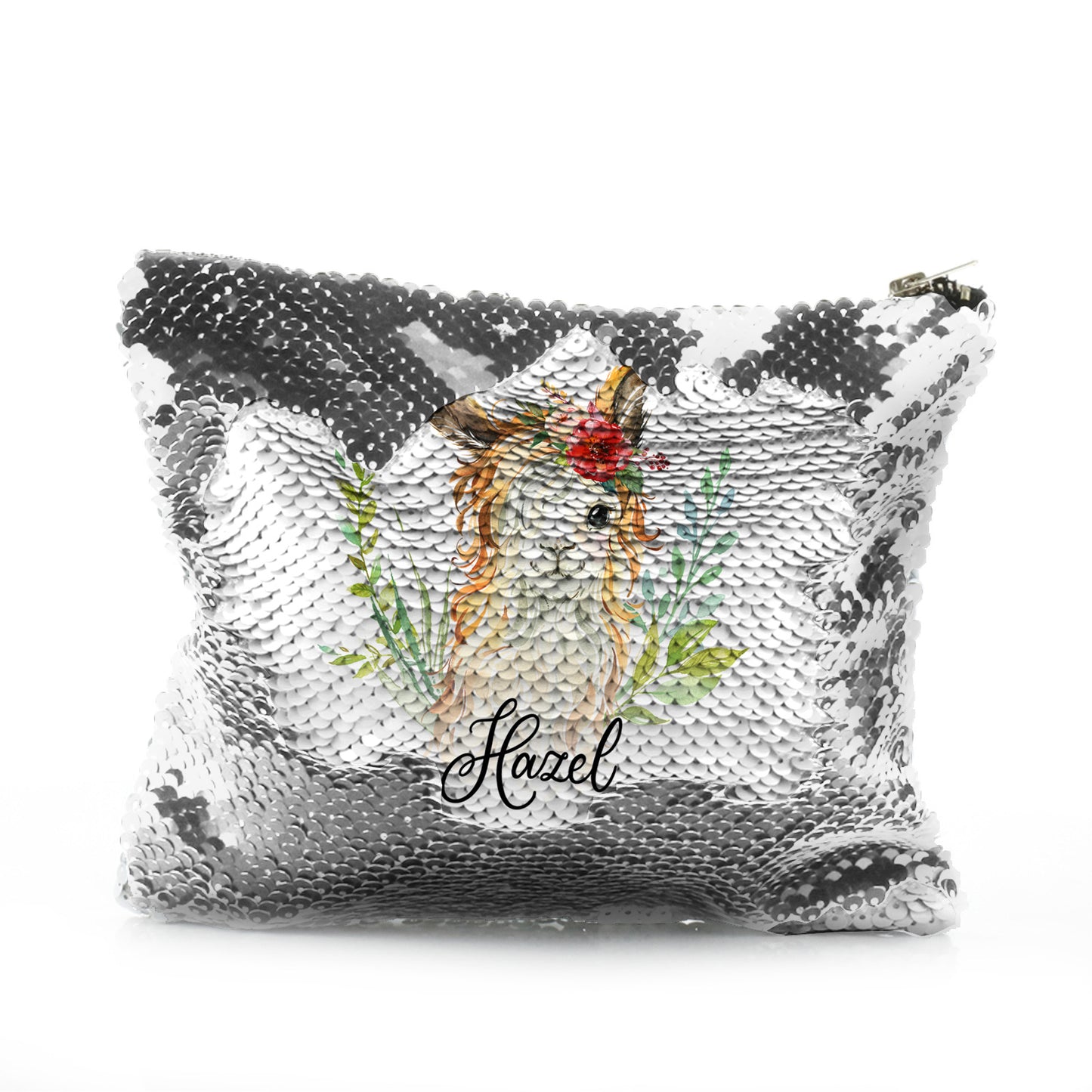 Personalised Sequin Zip Bag with White Goat with Red Flower Hair and Cute Text