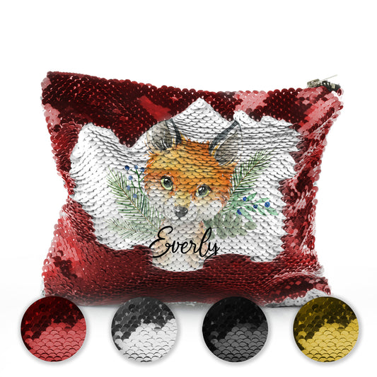 Personalised Sequin Zip Bag with Red Fox Blue Berries and Cute Text