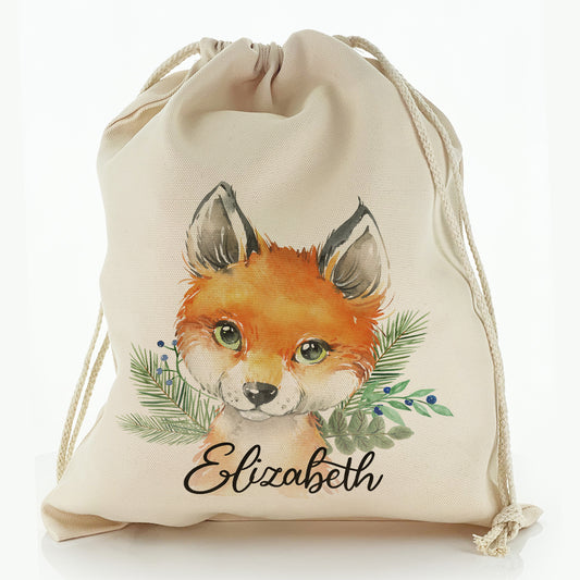 Personalised Canvas Sack with Red Fox Blue Berries and Cute Text