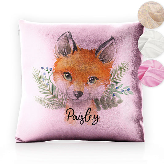Personalised Glitter Cushion with Red Fox Blue Berries and Cute Text