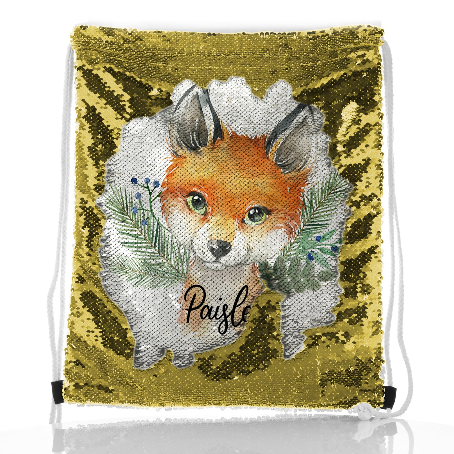 Personalised Sequin Drawstring Backpack with Red Fox Blue Berries and Cute Text