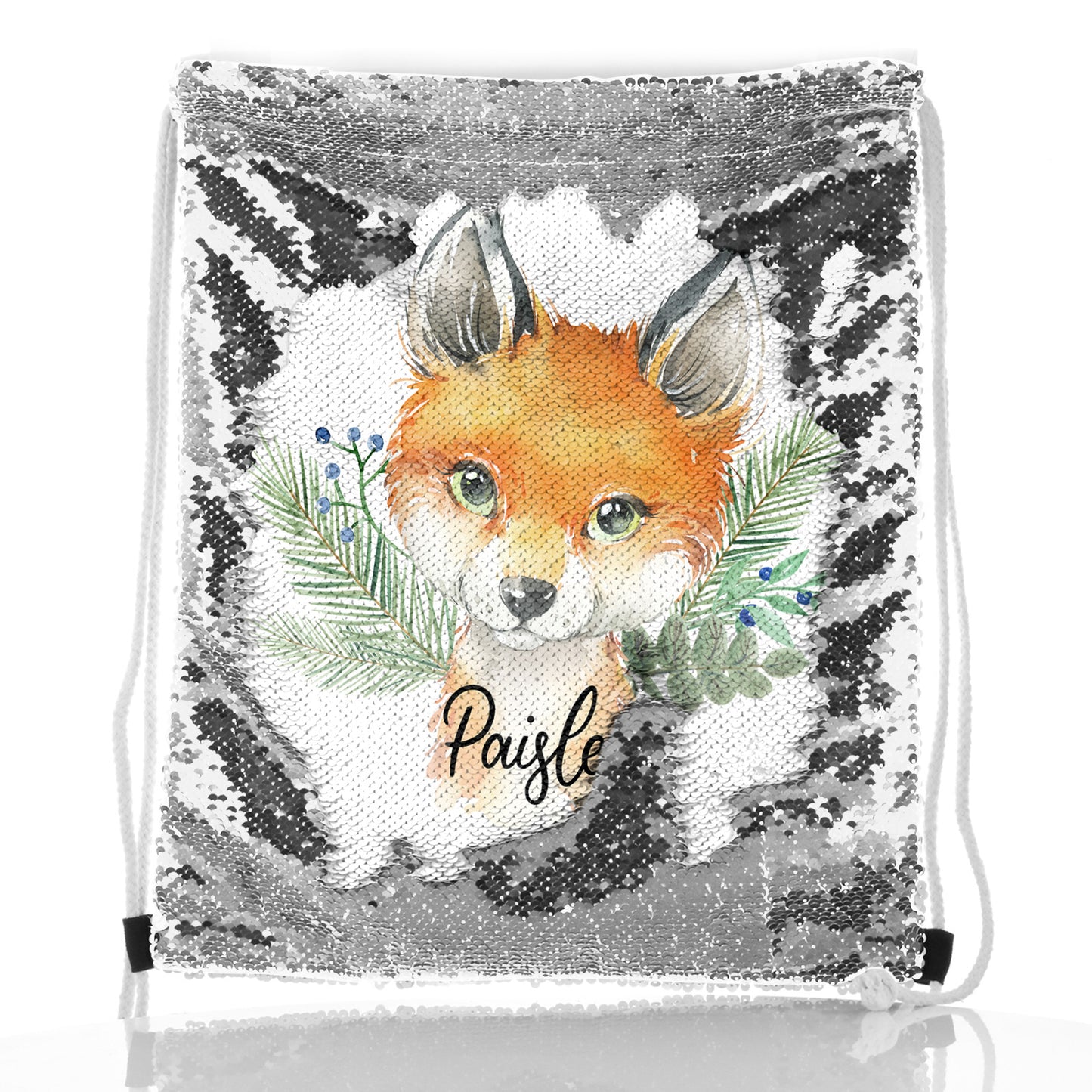 Personalised Sequin Drawstring Backpack with Red Fox Blue Berries and Cute Text