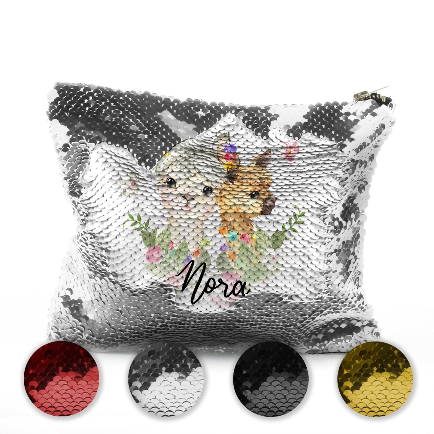Personalised Sequin Zip Bag with Alpacas Multicolour Baubles and Cute Text