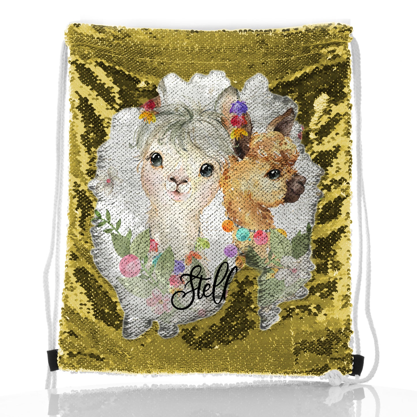 Personalised Sequin Drawstring Backpack with Alpacas Multicolour Baubles and Cute Text